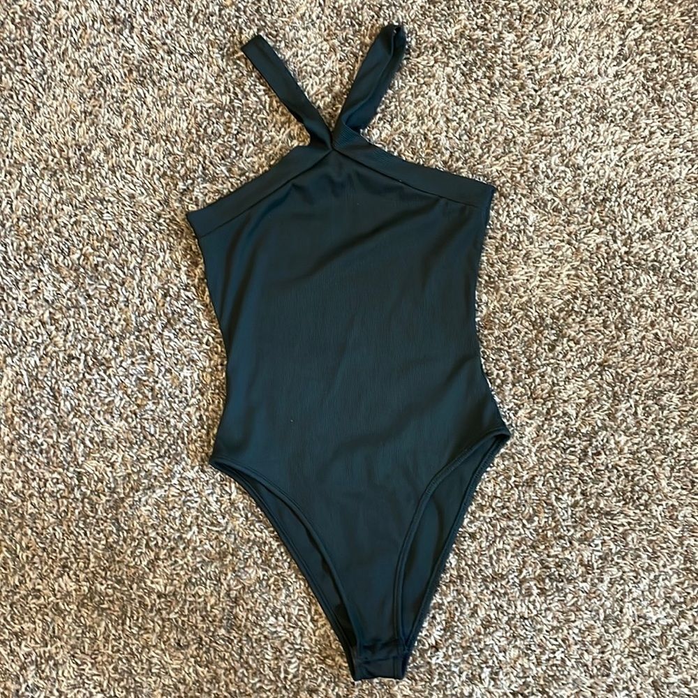 Shein Black Split Neck Ribber Button Closure Bodysuit